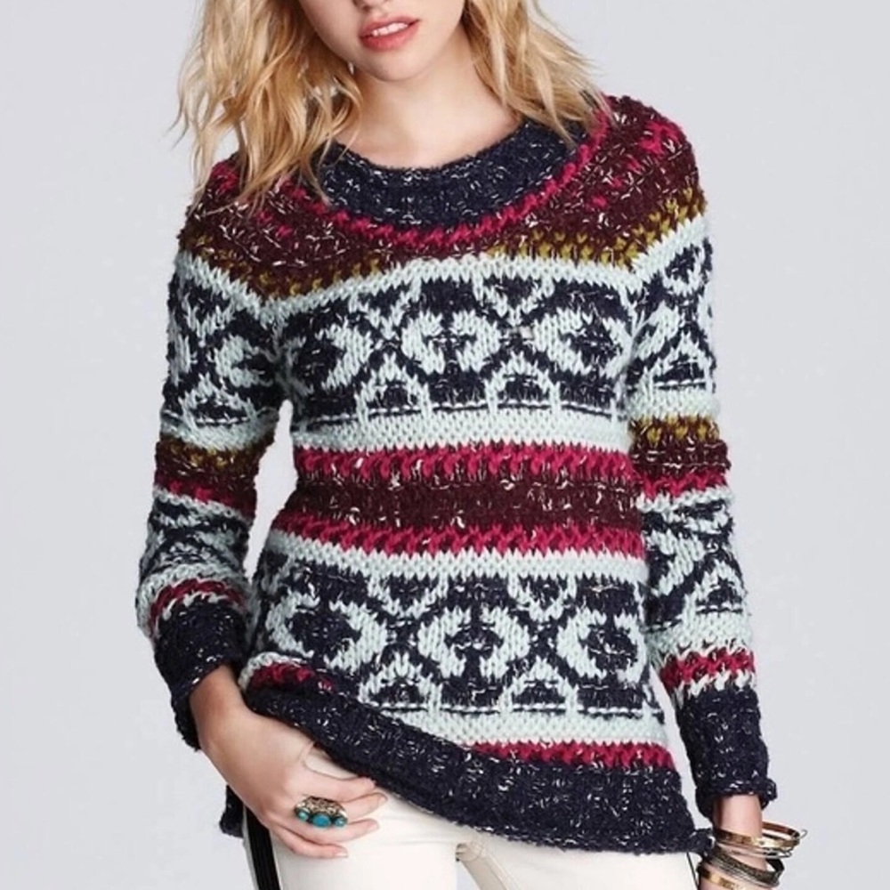 Free People Silver Reed Fair Isle Sweater Chunky Knit Raglan Tribal Print XS